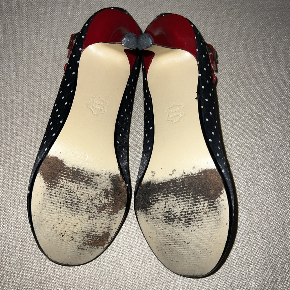 Retro Steve Madden Luvvy Black Polka Dot Heels Red Buckle Strappy 6M Rockabilly - Picture 6 of 11